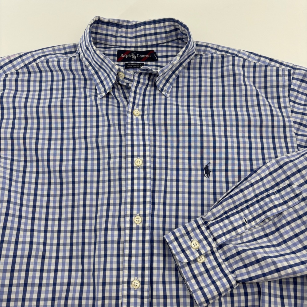 Ralph Lauren Button Down Mens 17.5 34/35 Blue Gingham Yarmouth Cotton Shirt
